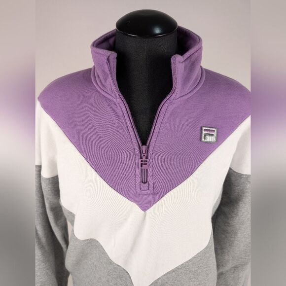 FILA Chevron Colorblock 1/4 Zip Athletic Jacket Sweatshirt in Purple/Gray/White - Picture 2 of 8